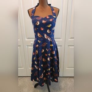 Retro Pinup 50s Rockabilly Swing Navy Blue Bird Print Halter Dress Womens Large